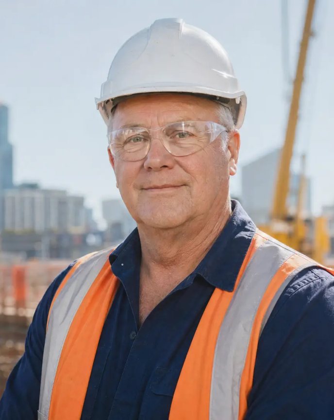 Photo of Dave, a senior site supervisor in his sixties wearing a hard hat, safety glasses and orange vest.