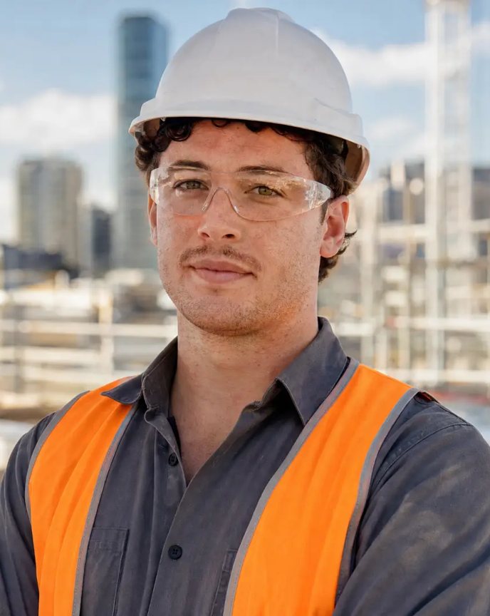 Photo of Jordan, a young apprentice carpenter with curly hair, hard hat, safety glasses and orange vest.