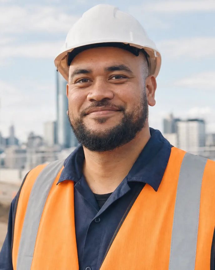 Photo of Lee, a bearded logistics coordinator in a hard hat and orange vest with the city behind.