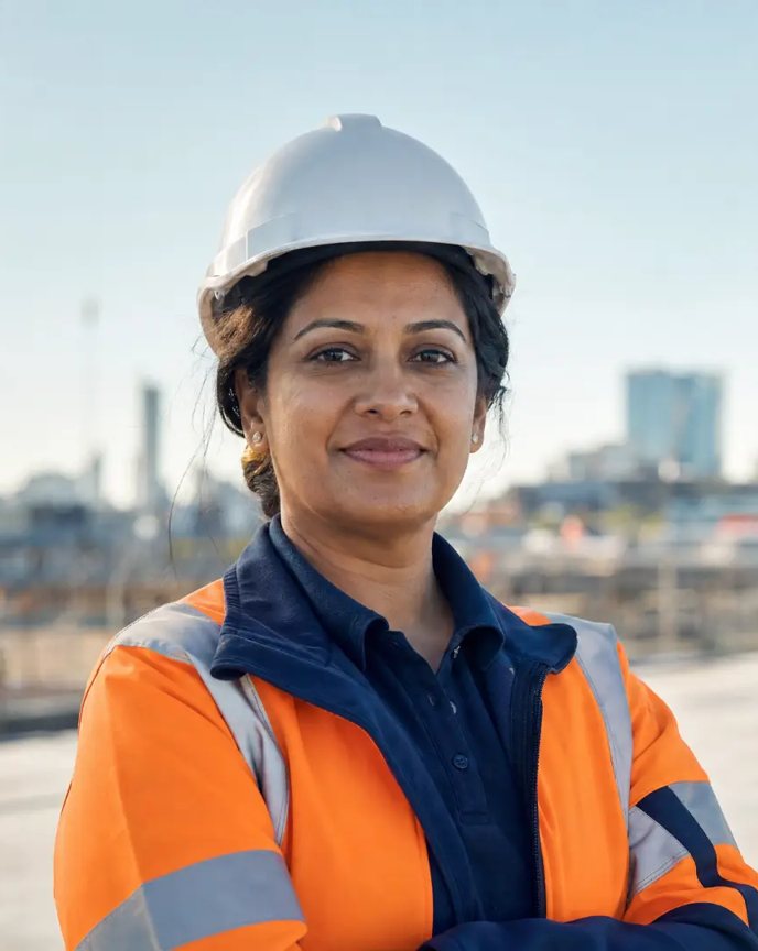 Photo of Priya, a team leader in a white hard hat and orange high-vis jacket on a Melbourne site.