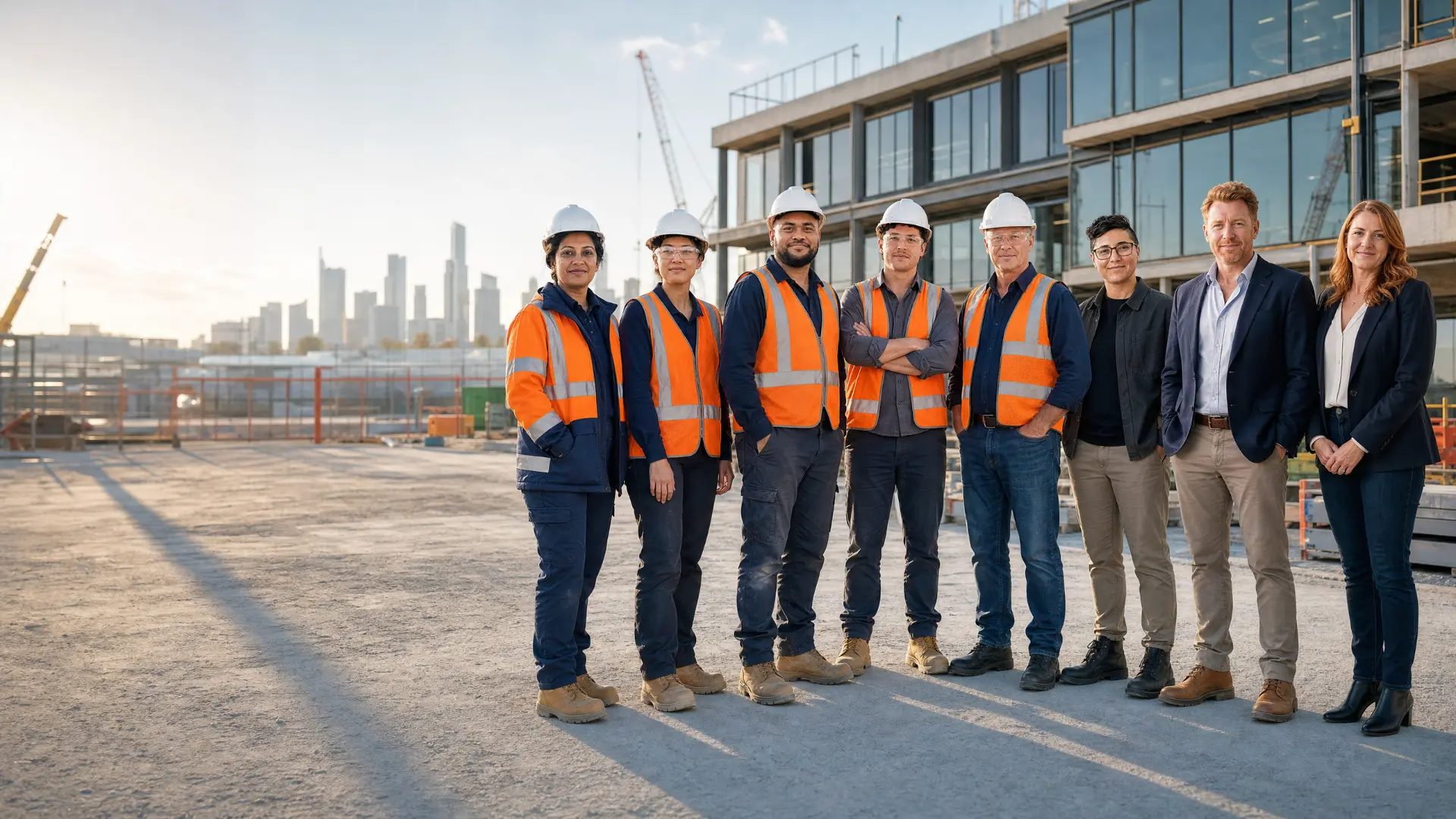 Illustrated Melbourne building site in morning light, with a tram passing and a diverse crew in high-vis vests and hard hats chatting.